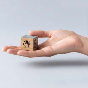 An open hand with a wooden square sitting on the palm that has the carving of a head and a battery.