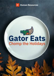Gator Eats logo on a white plate against a festive background with the U F Human Resources logo above.